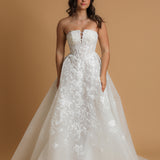 strapless corset wedding dress with flower lace detail