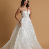 strapless corset wedding dress with flower lace detail