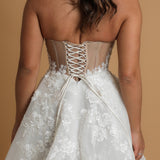 strapless corset wedding dress with flower lace detail