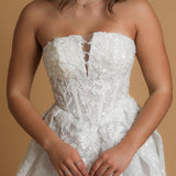 strapless corset wedding dress with flower lace detail