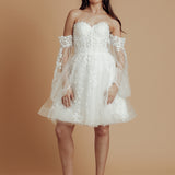 bustier top floral details tulle dress with 3D flowers and mesh sleeves