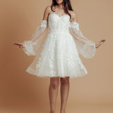 bustier top floral details tulle dress with 3D flowers and mesh sleeves