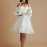 bustier top floral details tulle dress with 3D flowers and mesh sleeves