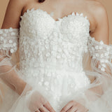 bustier top floral details tulle dress with 3D flowers and mesh sleeves