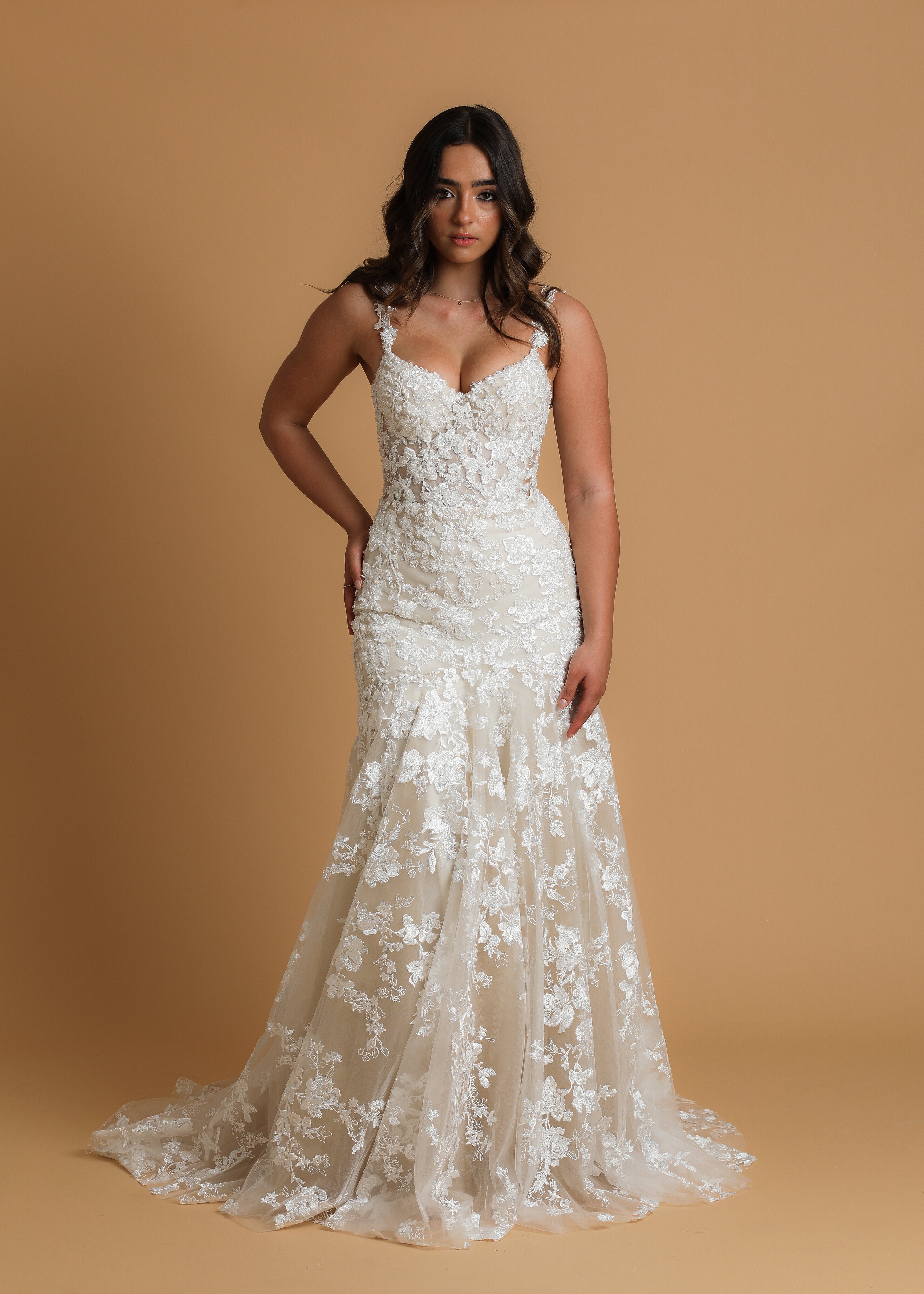 Nude mermaid wedding dress with lace all over and corset back Destiny Chic Nude mermaid wedding dress with lace all over and corset back Destiny Chic