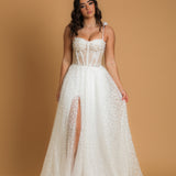 corset princess wedding dress with off the shoulder tulle cape and vine, floral and beaded details