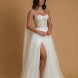 corset princess wedding dress with off the shoulder tulle cape and vine, floral and beaded details