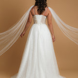 corset princess wedding dress with off the shoulder tulle cape and vine, floral and beaded details