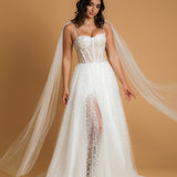 corset princess wedding dress with off the shoulder tulle cape and vine, floral and beaded details