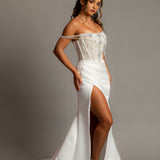 Straight neck mermaid dress with high slit and detachable train