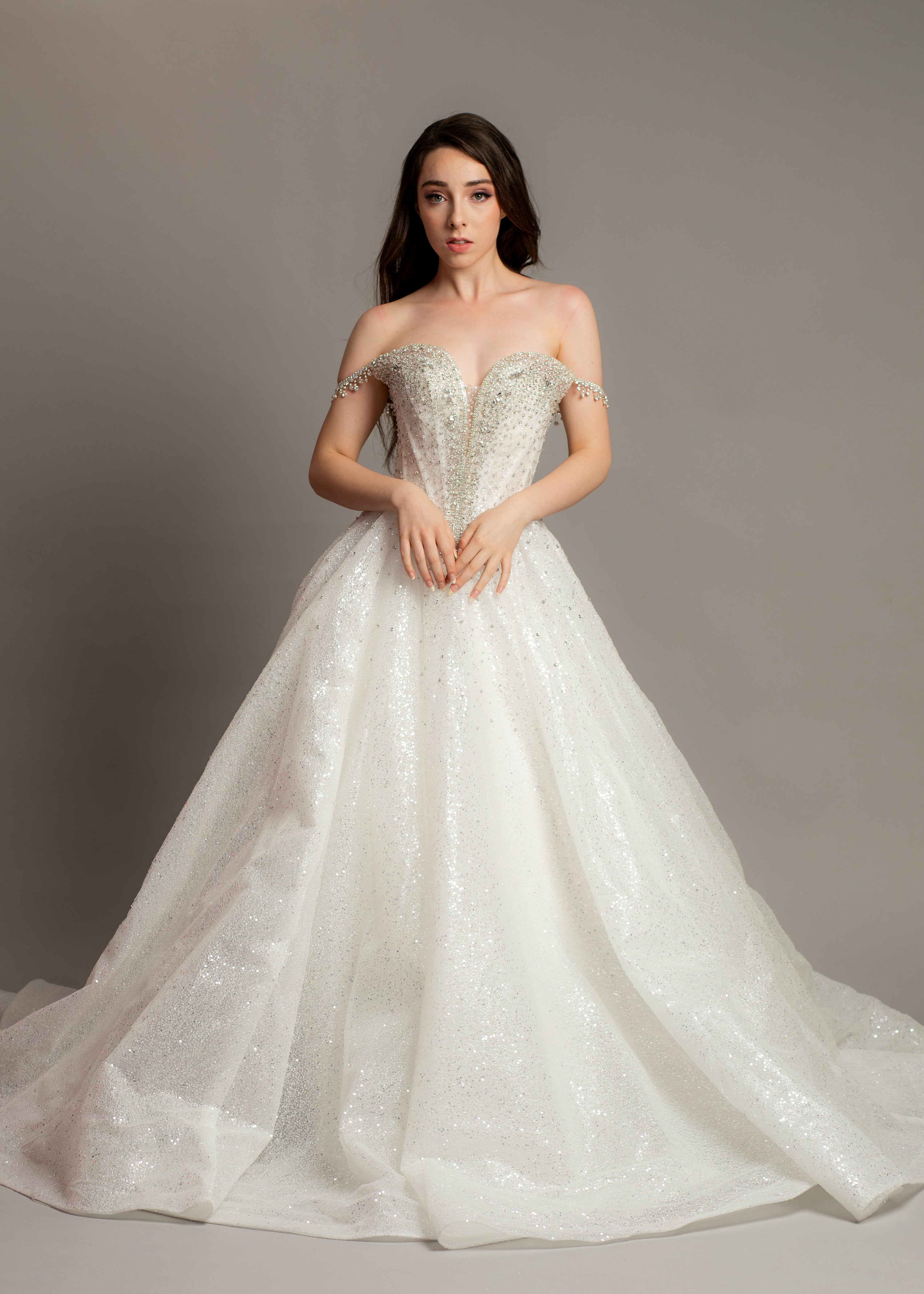 White glitter dress with silver rhinestone off the shoulder top