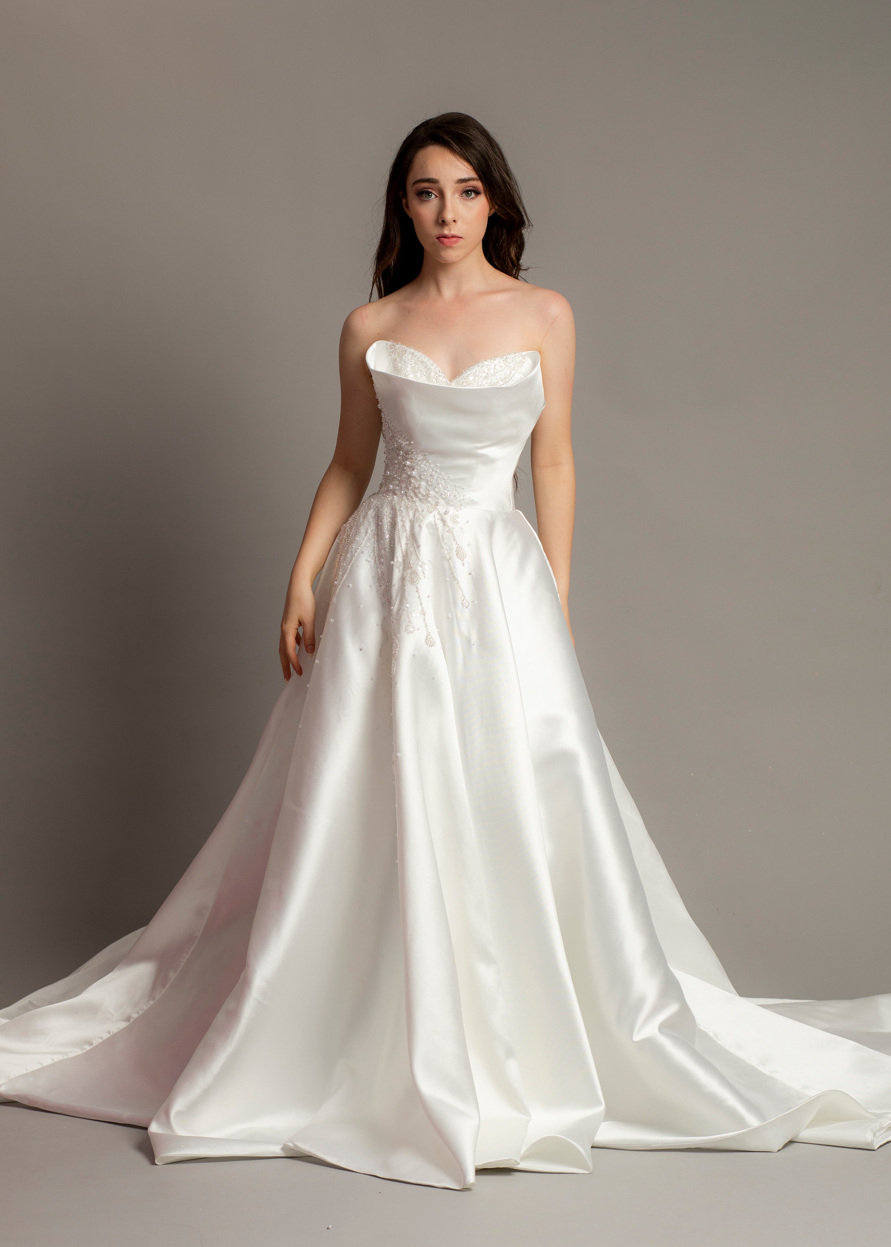 3D folded top Mikado taffeta wedding dress with beaded details and Ali 3D folded top Mikado taffeta wedding dress with beaded details and Ali