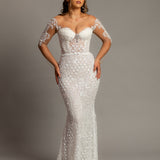Bustier cups sparkling white lace mermaid dress with sleeves