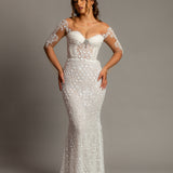 Bustier cups sparkling white lace mermaid dress with sleeves
