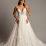 Sparkling blush V-neck wedding dress with floral lace A-line skirt