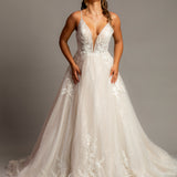 Sparkling blush V-neck wedding dress with floral lace A-line skirt