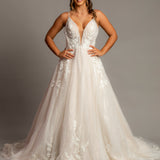 Sparkling blush V-neck wedding dress with floral lace A-line skirt