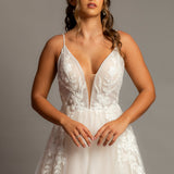 Sparkling blush V-neck wedding dress with floral lace A-line skirt