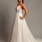 Sparkling blush V-neck wedding dress with floral lace A-line skirt