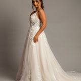 Sparkling blush V-neck wedding dress with floral lace A-line skirt