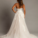 Sparkling blush V-neck wedding dress with floral lace A-line skirt