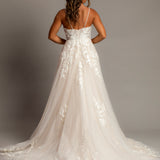 Sparkling blush V-neck wedding dress with floral lace A-line skirt