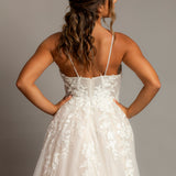 Sparkling blush V-neck wedding dress with floral lace A-line skirt