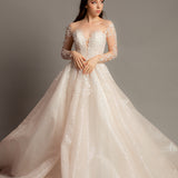 Blush Sparkling Sequin Tulle Wedding Dress with long sleeves