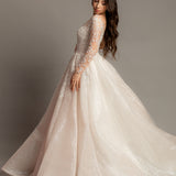 Blush Sparkling Sequin Tulle Wedding Dress with long sleeves