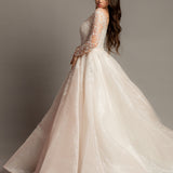 Blush Sparkling Sequin Tulle Wedding Dress with long sleeves