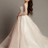 Blush Sparkling Sequin Tulle Wedding Dress with long sleeves