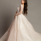 Blush Sparkling Sequin Tulle Wedding Dress with long sleeves