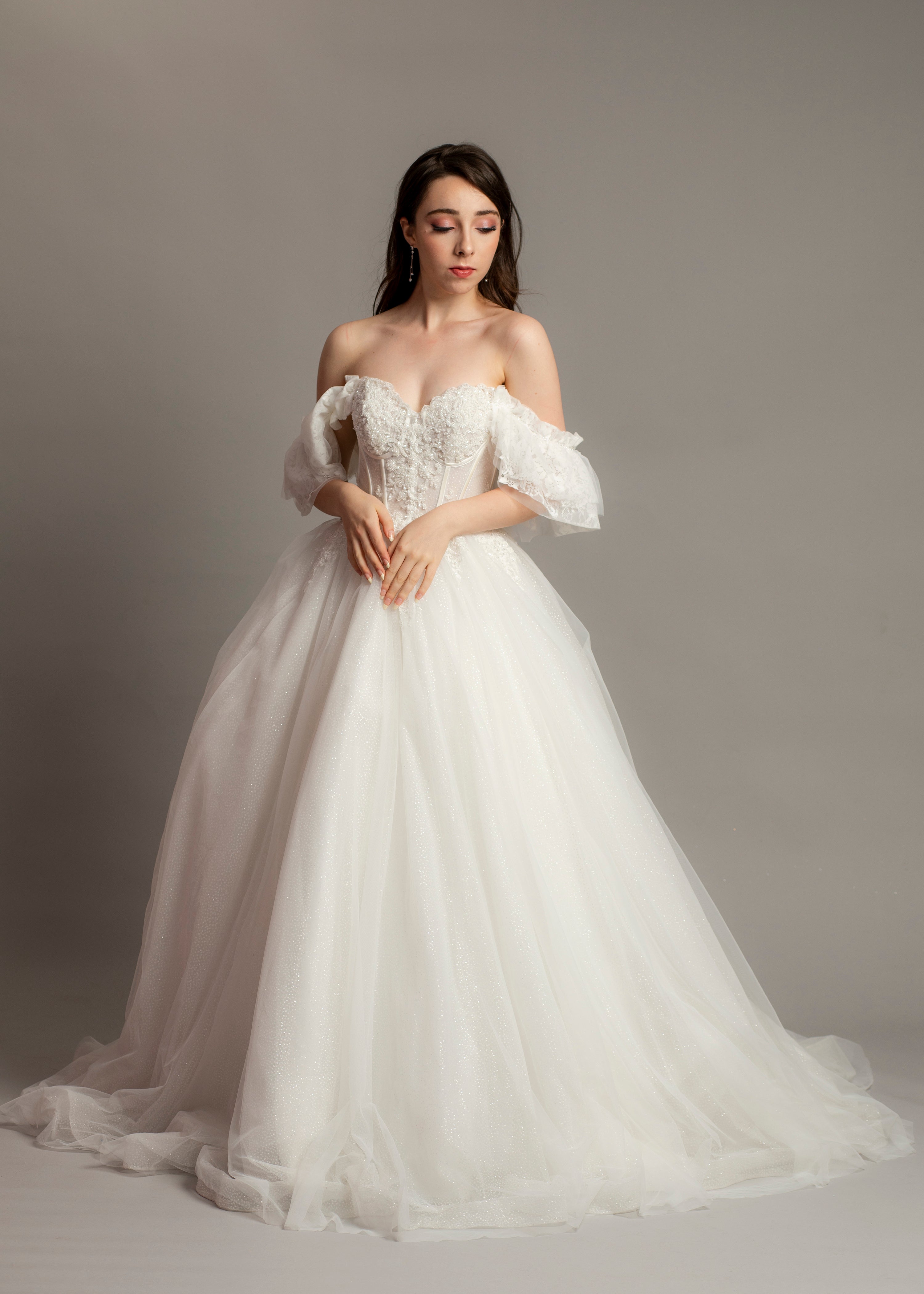 White bustier off the shoulder princess dress