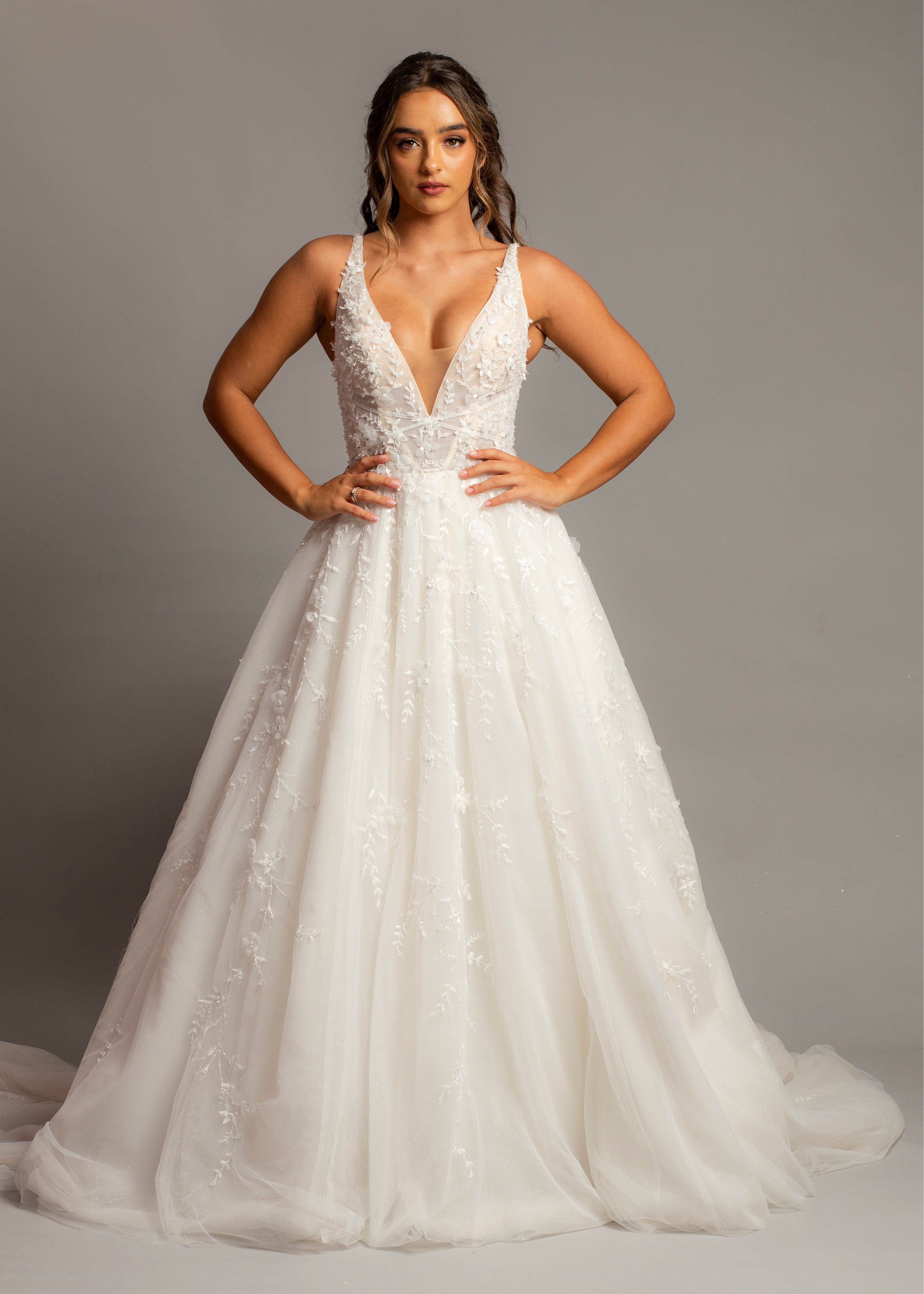 Sparkling white V neck wedding dress with open back