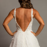 Sparkling white V neck wedding dress with open back