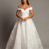 Off the shoulder lace all over ballgown wedding dress with a corset back for hire