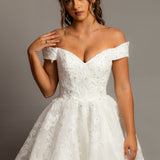 Off the shoulder lace all over ballgown wedding dress with a corset back for hire