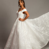 Off the shoulder lace all over ballgown wedding dress with a corset back for hire