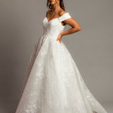 Off the shoulder lace all over ballgown wedding dress with a corset back for hire