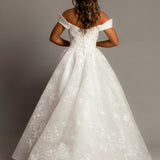 Off the shoulder lace all over ballgown wedding dress with a corset back
