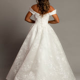 Off the shoulder lace all over ballgown wedding dress with a corset back for hire