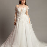 White Flowery Tulle Wedding Dress with sleeves for hire.