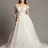 White Flowery Tulle Wedding Dress with sleeves for hire.