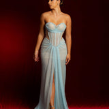 Baby blue crystal mesh bustier top with lace up back dress for hire