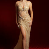 Beaded nude gold cutout dress with lace up back for hire