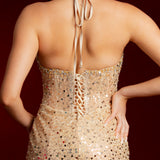 Beaded nude gold dress with halter neck