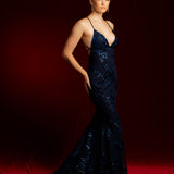 Navy Blue Sparkling lace criss-cross back mermaid dress