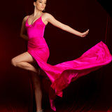Fuschia pink satin column shaped dress with v neckline