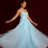 Sparkling blue princess dress with square bustier top with straps fore Hire