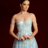 Sparkling blue princess dress with square bustier top with straps for Hire